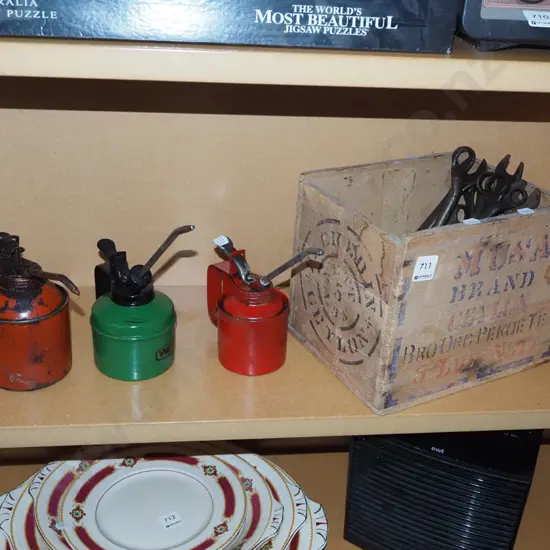 3x oilers, tea box of open end and ring spanners