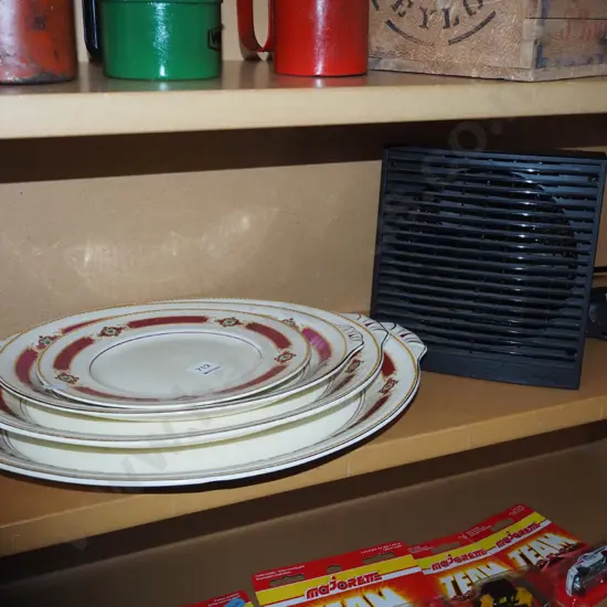 3x Grindley ashets, plate, fan heater