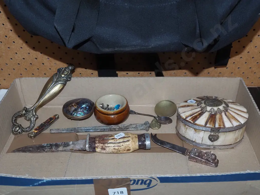 box; trinket box, brass bottle opener, pocket knife etc Image 1++