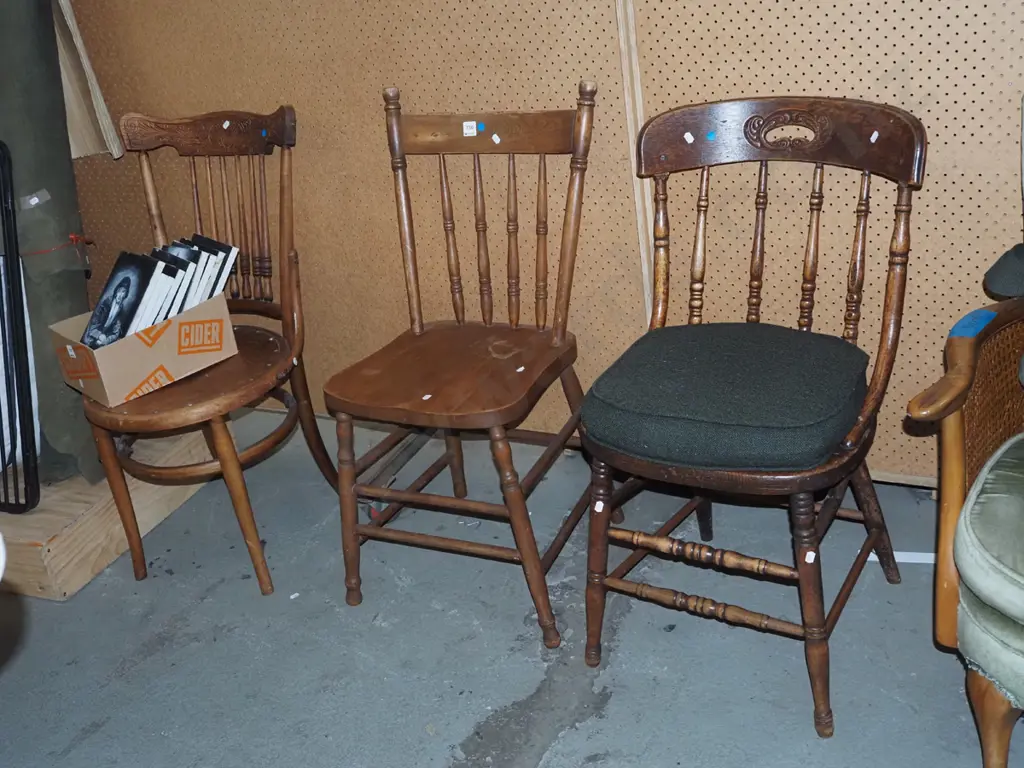 3x mismatched oak chairs - blue dots Image 1++