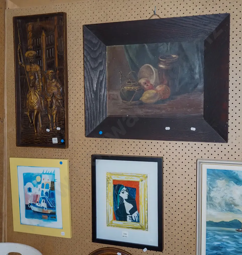 framed oil on board (aging) - still life, framed print, carved wooden  Don Quixote art - blue dots Image 1++