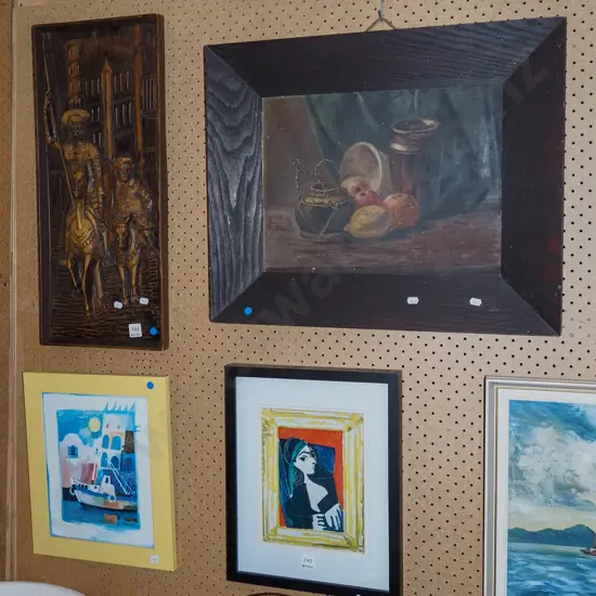 framed oil on board (aging) - still life, framed print, carved wooden  Don Quixote art - blue dots