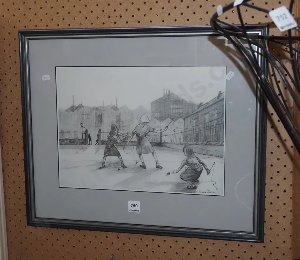 framed Ronald Pawson print - English school yard scene Image 1++