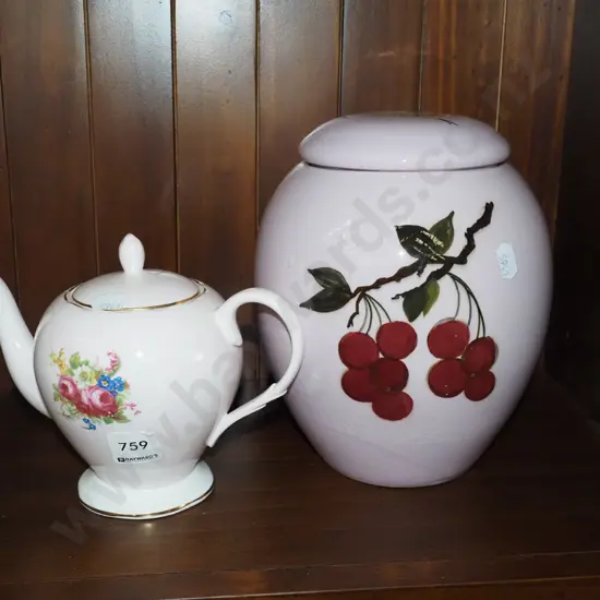 lidded cherry themed canister, small Foley tea pot