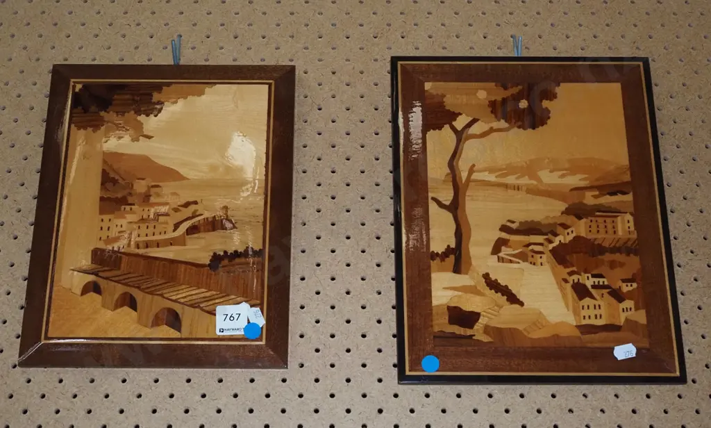 2x marquetry pictures - Mediterranean scenes - blue dots Image 1++