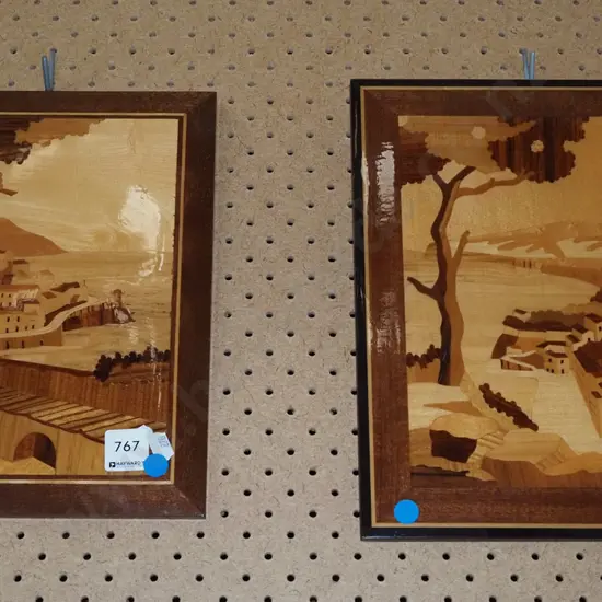 2x marquetry pictures - Mediterranean scenes - blue dots