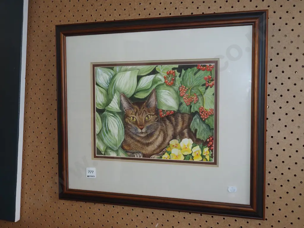 Tania Cassidy '83 - framed ink and watercolour - cat in garden  Image 1++