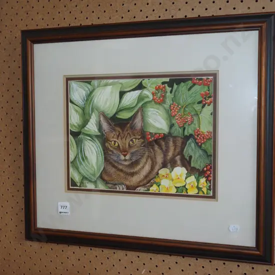 Tania Cassidy '83 - framed ink and watercolour - cat in garden 