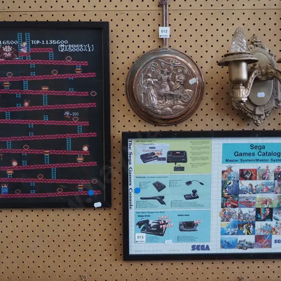 framed Donkey Kong print on fabric, framed Sega games catalogue - blue dots