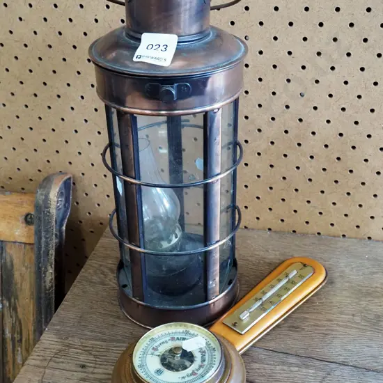 reproduction kerosene lantern, barometer/thermometer
