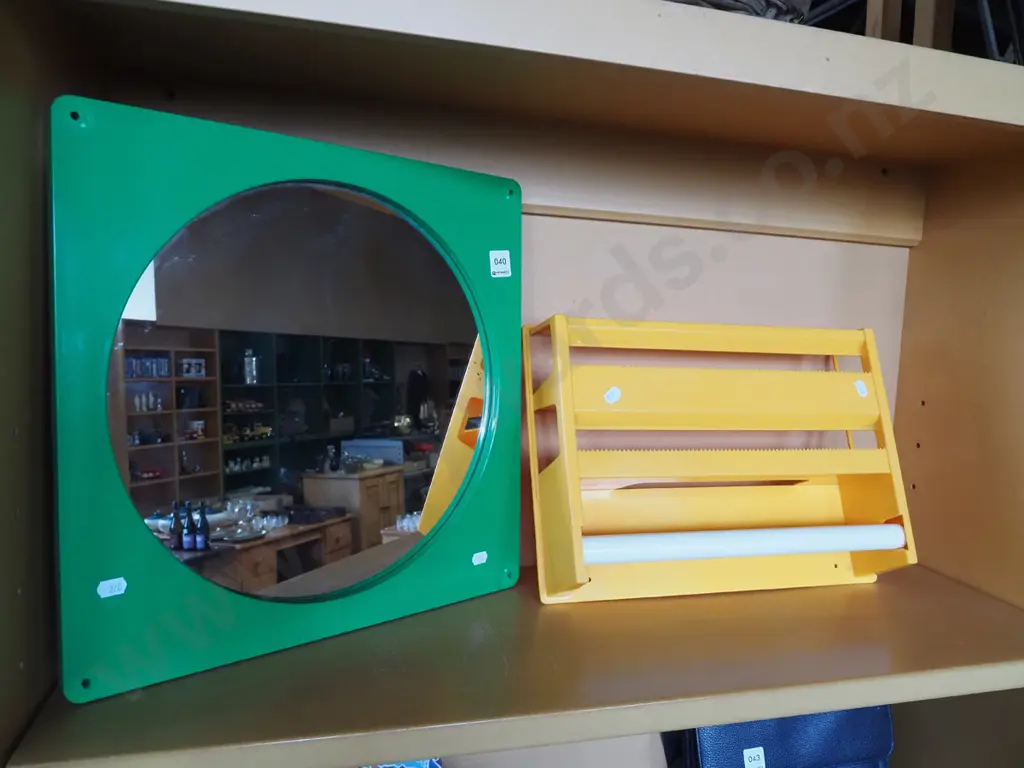 1970s green plastic framed mirror, yellow plastic kitchen roll dispenser Image 1++