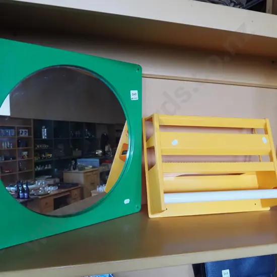 1970s green plastic framed mirror, yellow plastic kitchen roll dispenser