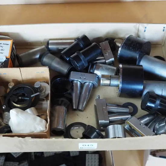 box; various microscope lenses etc