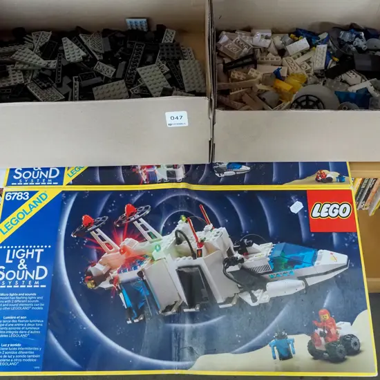 2 boxes assorted 1980s space Lego pieces and part Legoland Light and Sound box - not a complete kit