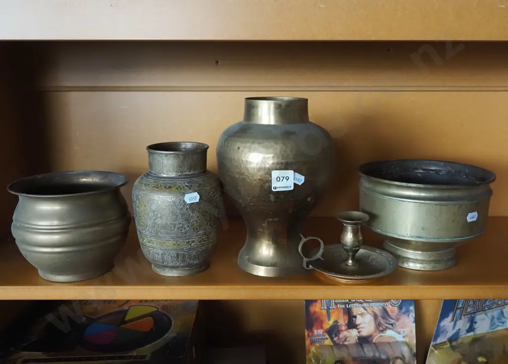 shelf of brass; vases, bowls etc Image 1++