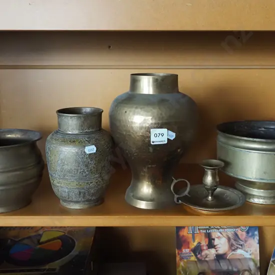 shelf of brass; vases, bowls etc