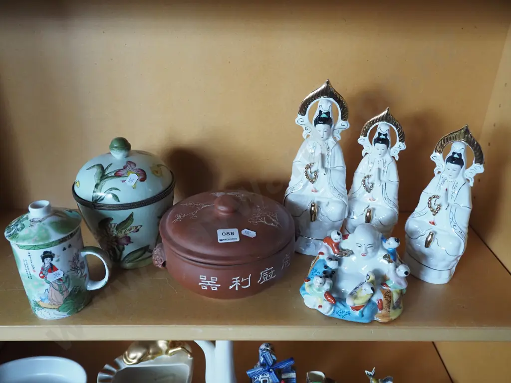 4x Asian figurines, lidded tea cup, 2x canisters Tallest H270 Image 1++