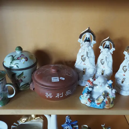4x Asian figurines, lidded tea cup, 2x canisters Tallest H270
