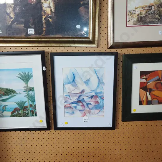 3x framed prints - landscape, abstracts - yellow dots