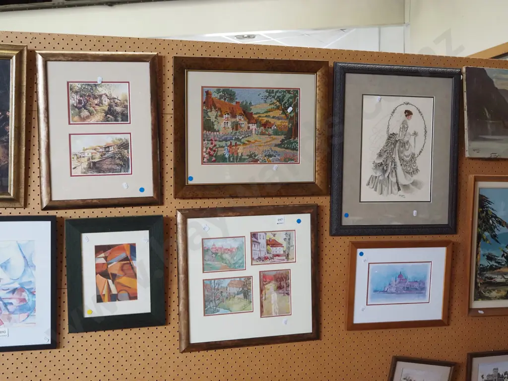 5x framed artworks, needleworks, prints - blue dots Image 1++