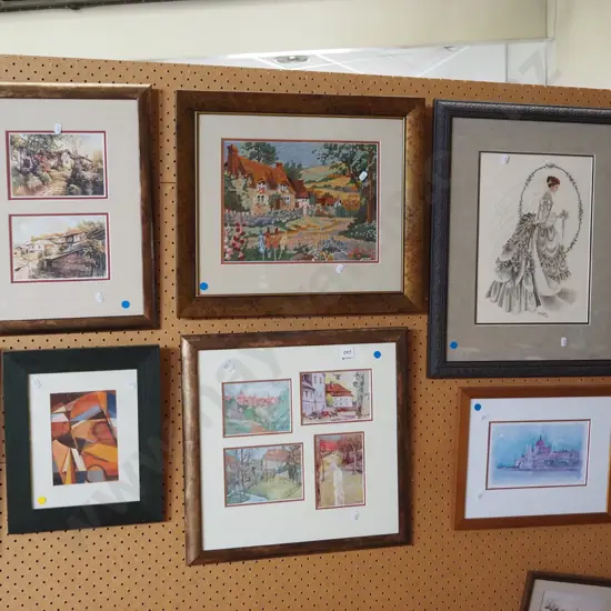 5x framed artworks, needleworks, prints - blue dots