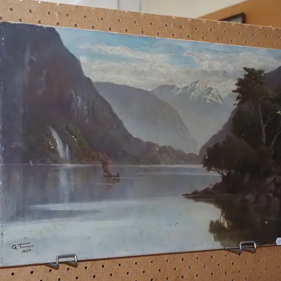 G Turner 1894 - oil on canvas - lake and mountain scene - significant damage