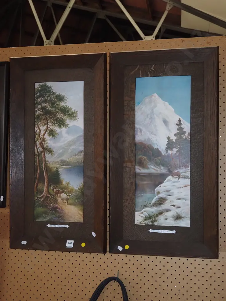 2x oak framed Scottish prints - yellow dots - aging Image 1++