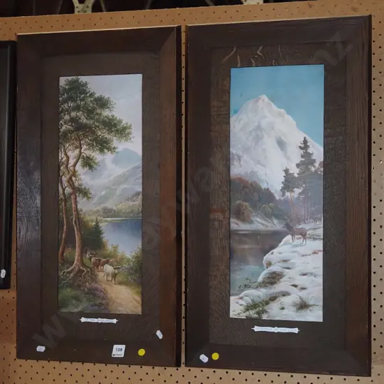 2x oak framed Scottish prints - yellow dots - aging