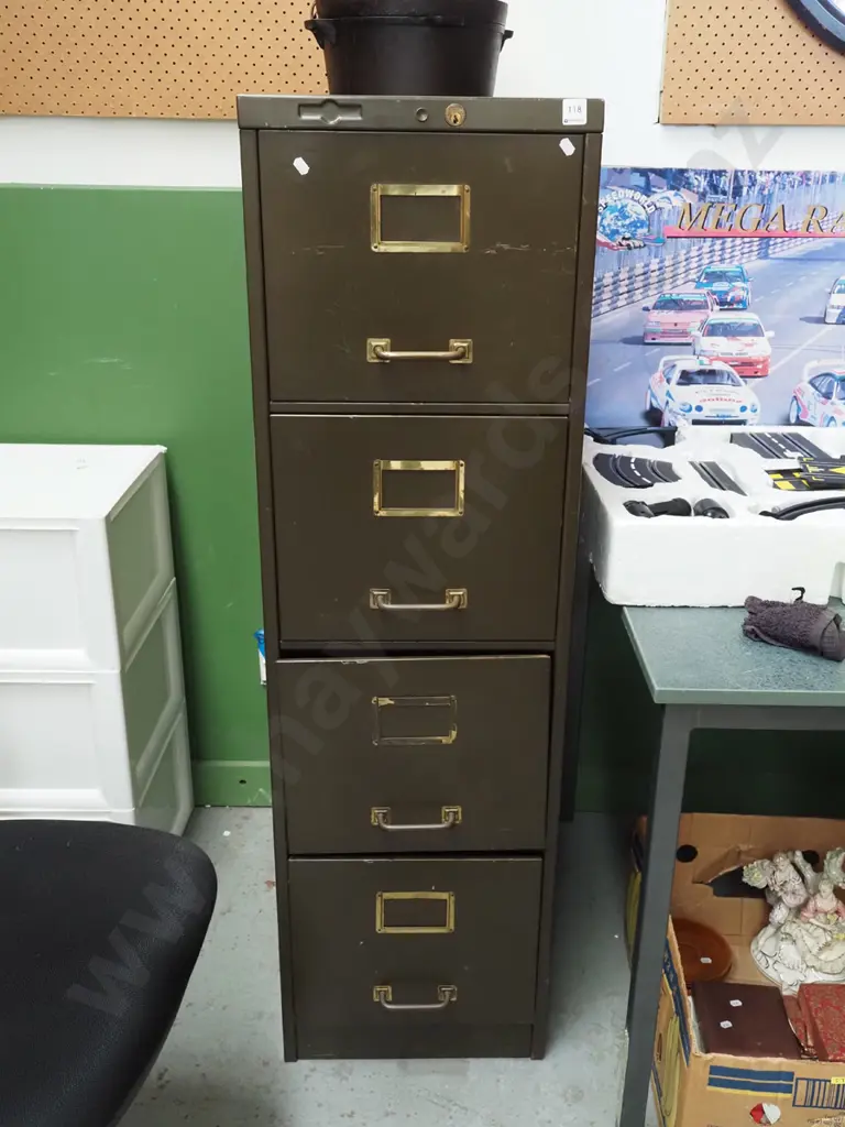 vintage metal and brass 4 drawer filing cabinet - no key H1325 W390 D635 Image 1++
