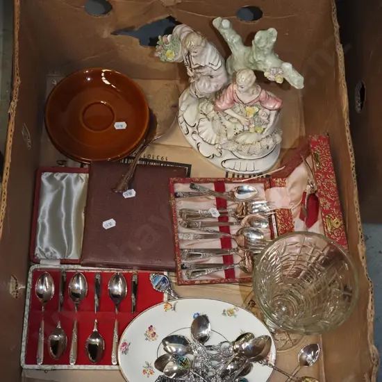box; teaspoons, figurines, vase etc