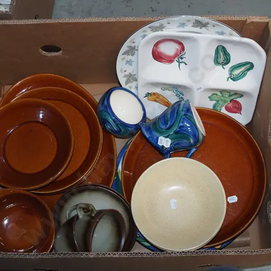 box; Crown Lynn Pioneer plates, bowls, potery jug etc