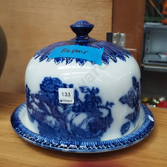 Staffordshire floral plate, cover dome - repair to handle