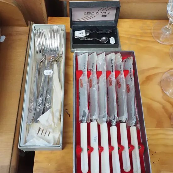 bone handled knives, mustrad spoons, forks