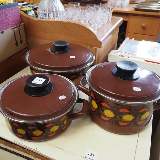 3x retro enamel lidded pots Largest has burn marks inside