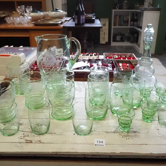 assorted green glass tumblers, jugs etc