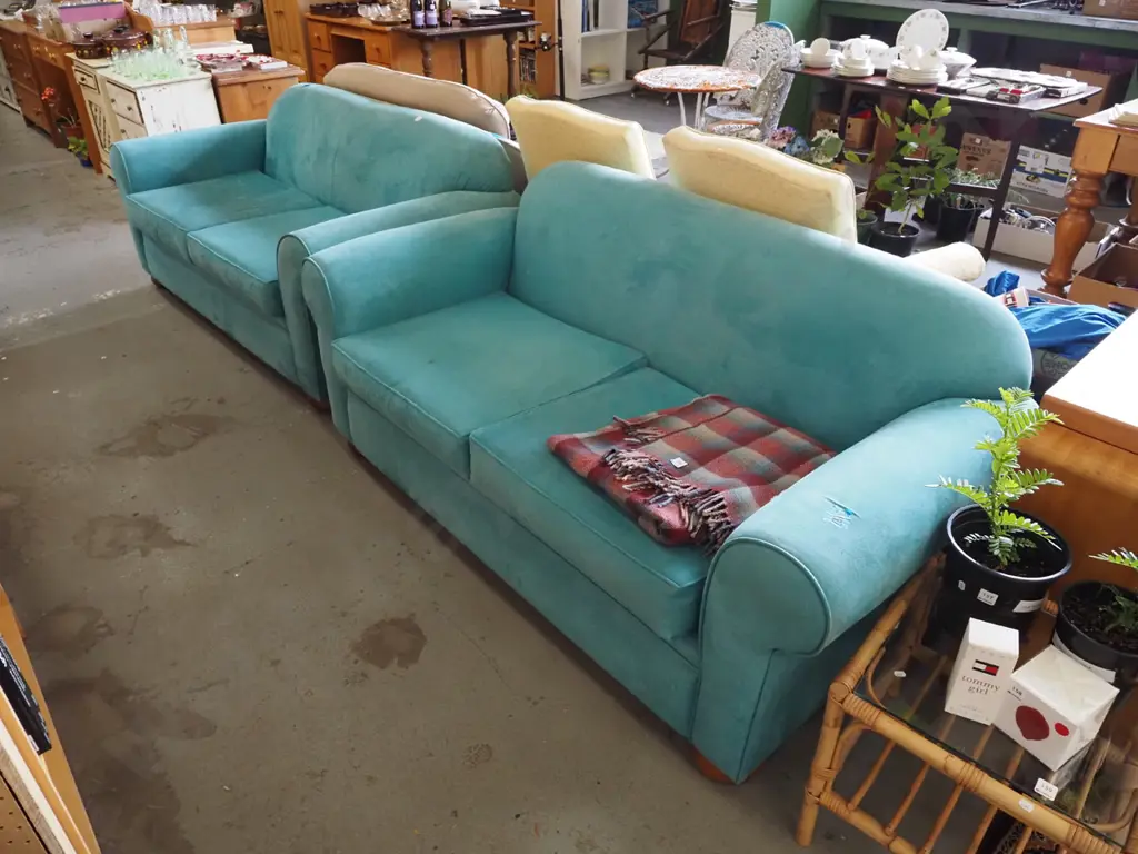 teal suedette upholstered 2 piece lounge suite - 2 seaters - some marks - genereally good condition Image 1++