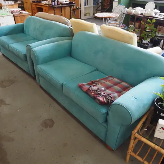 teal suedette upholstered 2 piece lounge suite - 2 seaters - some marks - genereally good condition