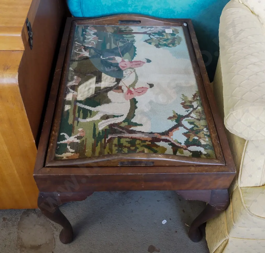 coffee table with pull out tapestry hunting scene glass top tray Image 1++