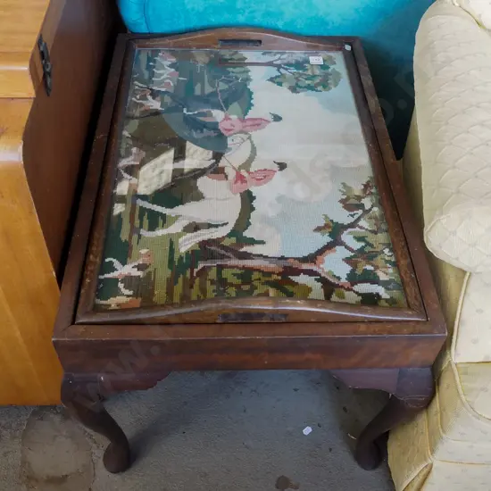 coffee table with pull out tapestry hunting scene glass top tray