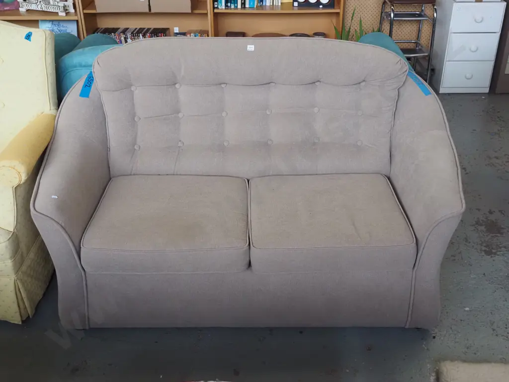fawn deep buttoned 2 seater settee Image 1++