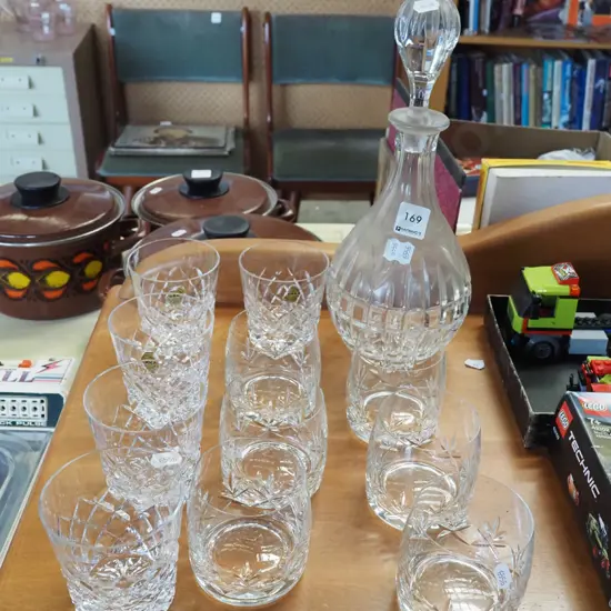 glass decanter,  cut crystal whisky tumblers, glasses