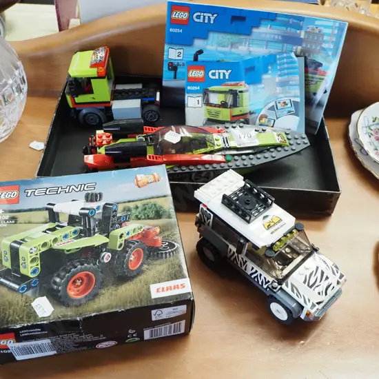 Lego boat, tractor, jeep