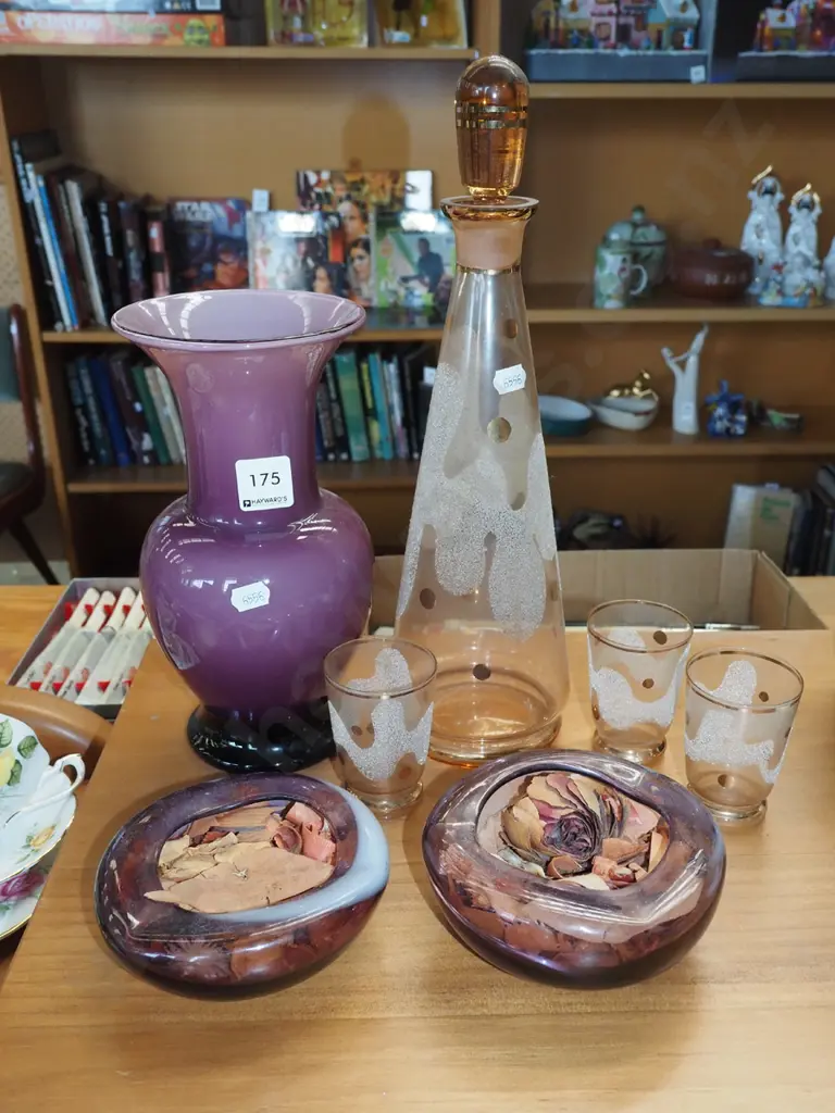stoppered decanter and tumblers, purple glass ashtrays and vase Tallest H340 Image 1++