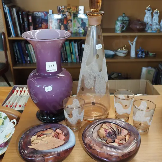 stoppered decanter and tumblers, purple glass ashtrays and vase Tallest H340