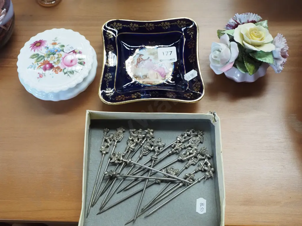 floral spray, Coalport trinket dish, Limoges dish, various skewers Image 1++