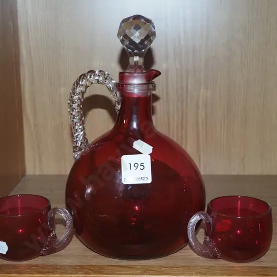 red glass stoppered bottle decanter, 2x small cups