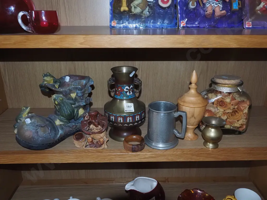 shelf; pot pourri in glass canister, boot themed jardinere, vases etc Image 1++