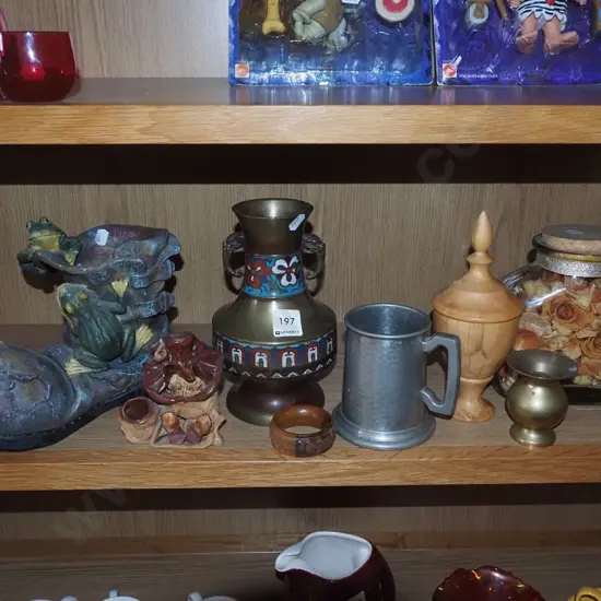 shelf; pot pourri in glass canister, boot themed jardinere, vases etc