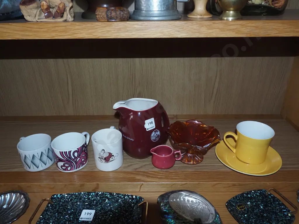 shelf; whisky jug, carnival glass comport, cups etc Image 1++