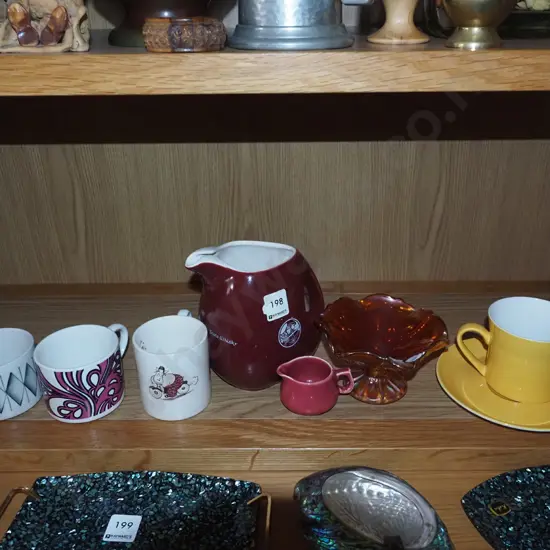 shelf; whisky jug, carnival glass comport, cups etc